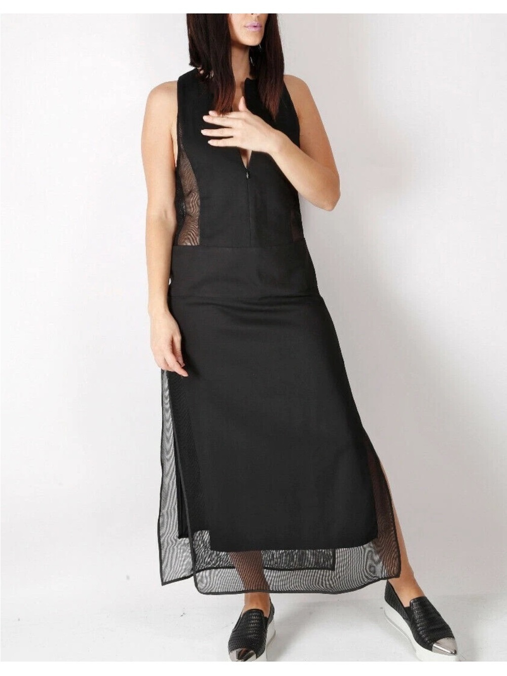 EDUN Black F High Side Slit Casual Long Maxi Dress Sheer Front Detail Size S